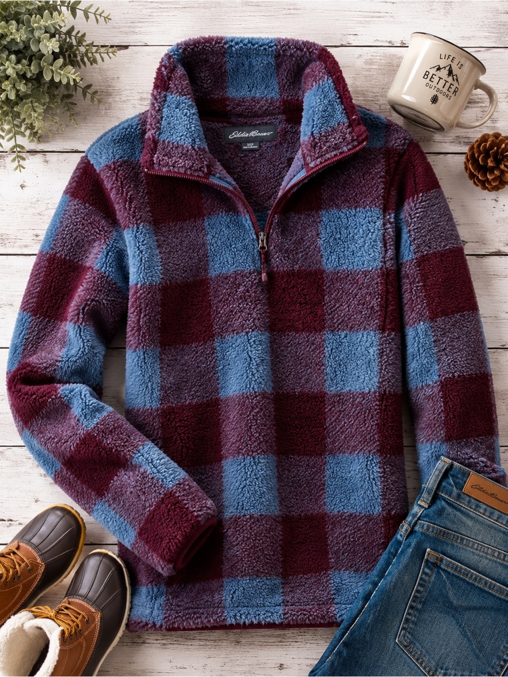 Eddie Bauer Ultra Plush Sherpa Fleece 1/4 Zip Buffalo Plaid Pullover S - Picture 1 of 6